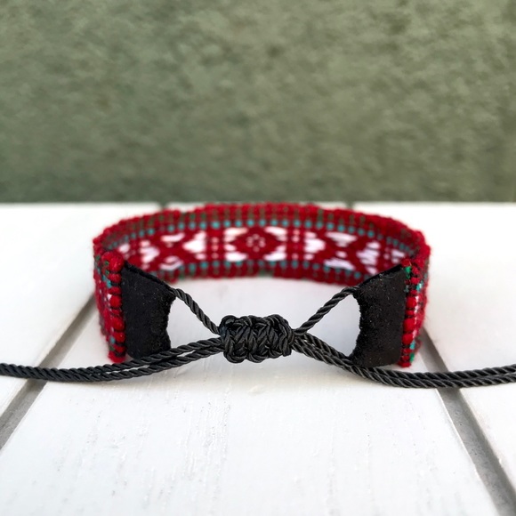 3 for $12 ➤ Boho Red Woven Black Suede Bracelet - Picture 2 of 3